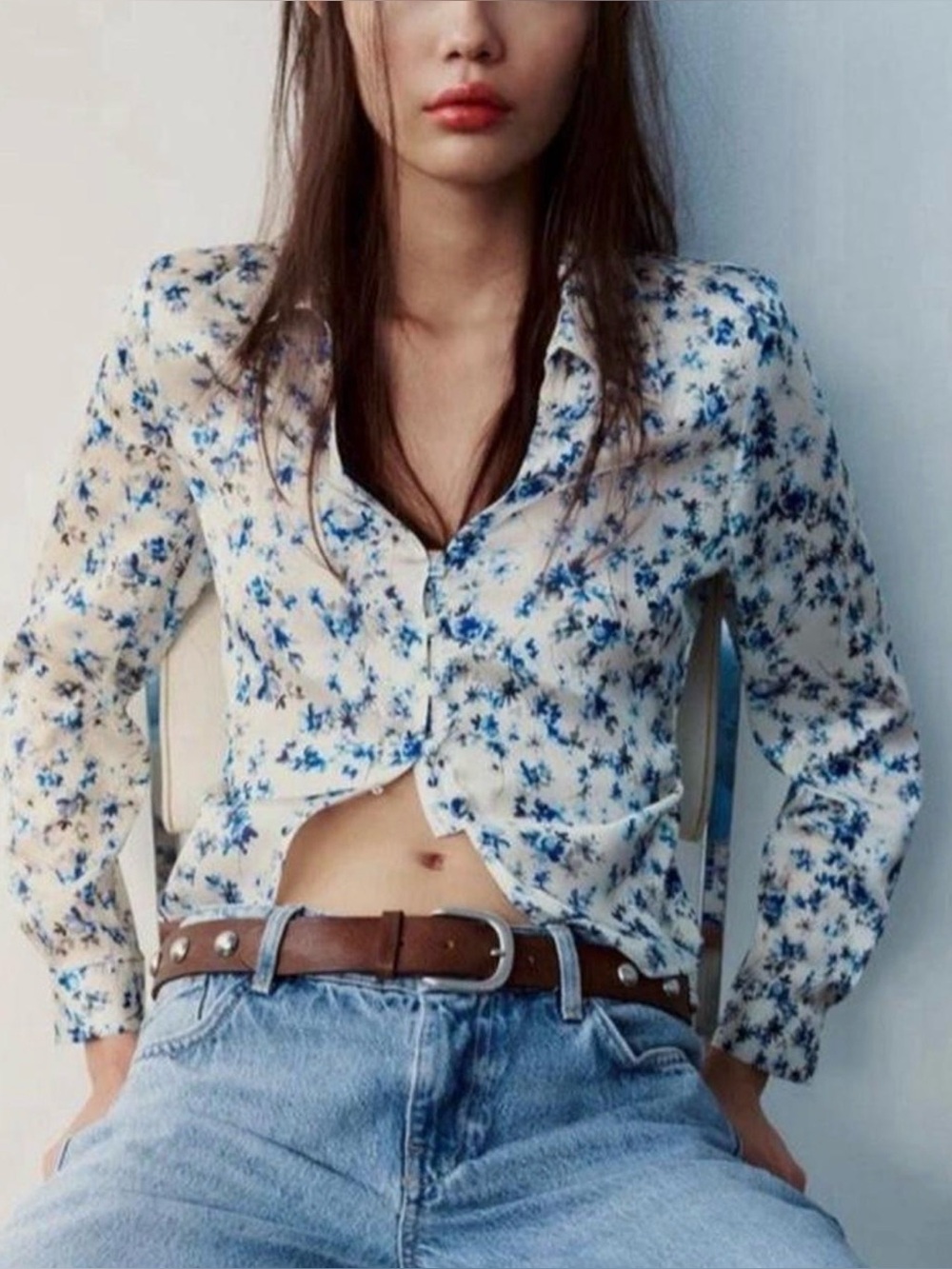 Zara Satin Floral Ruched Button Front Long Sleeve Blouse Large